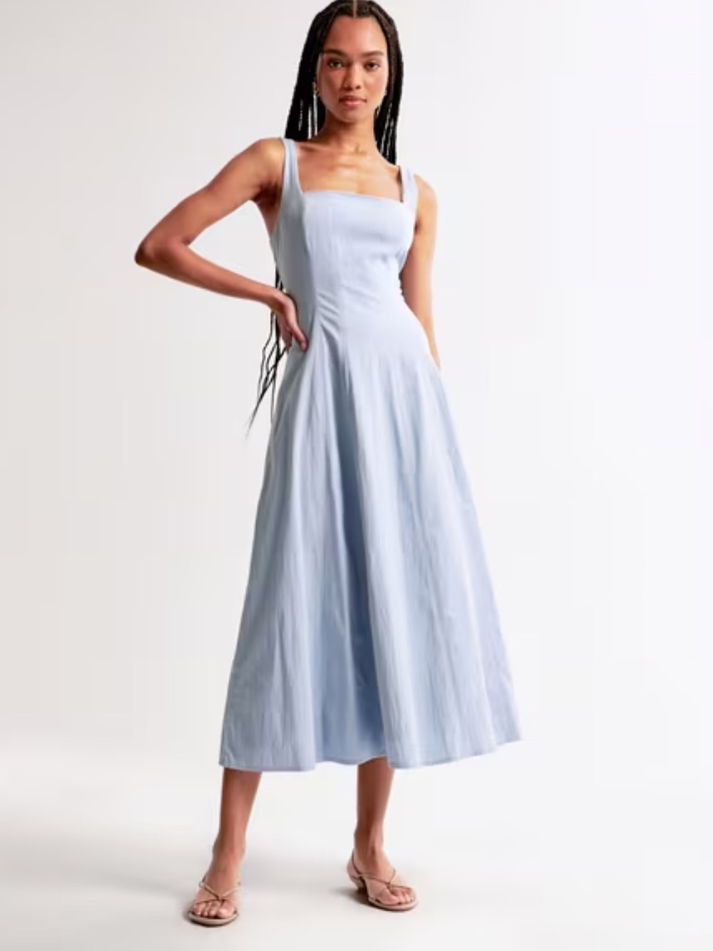 Abercrombie & Fitch Mila Linen/Cotton Blue Square-Neck Midi Dress